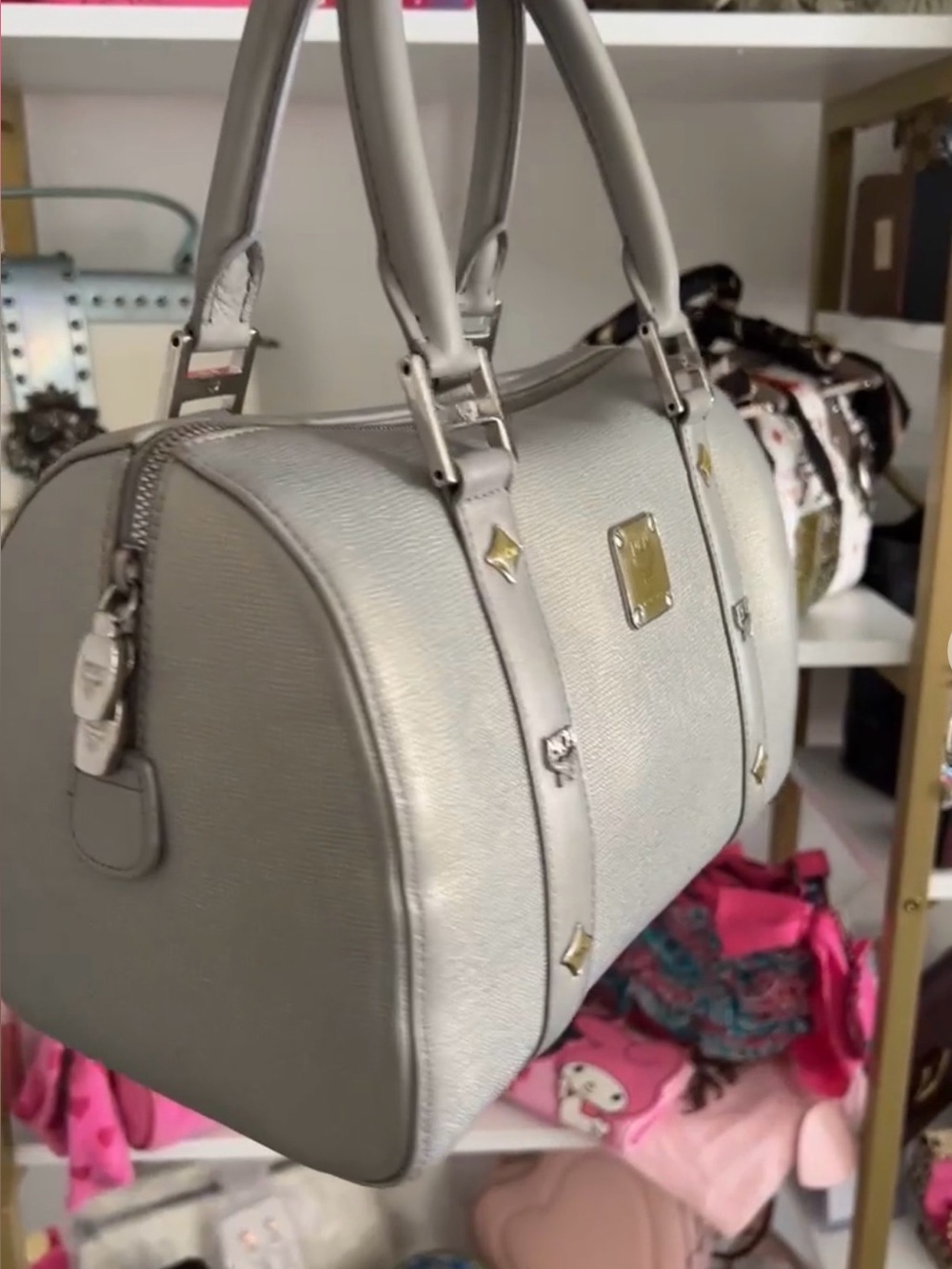 AUTHENTIC MCM 🩶Silver Studded Saffiano leather Boston Handbag EUC